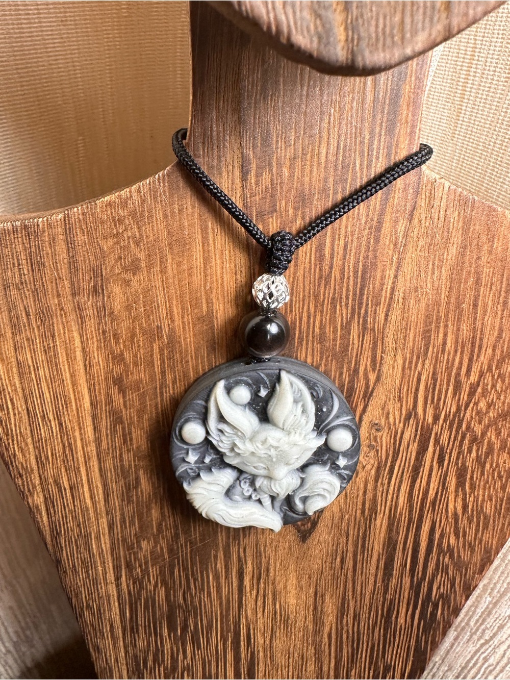 Tai Chi Stone Fox Pendant Necklace on Black Rope - Picture 3 of 14